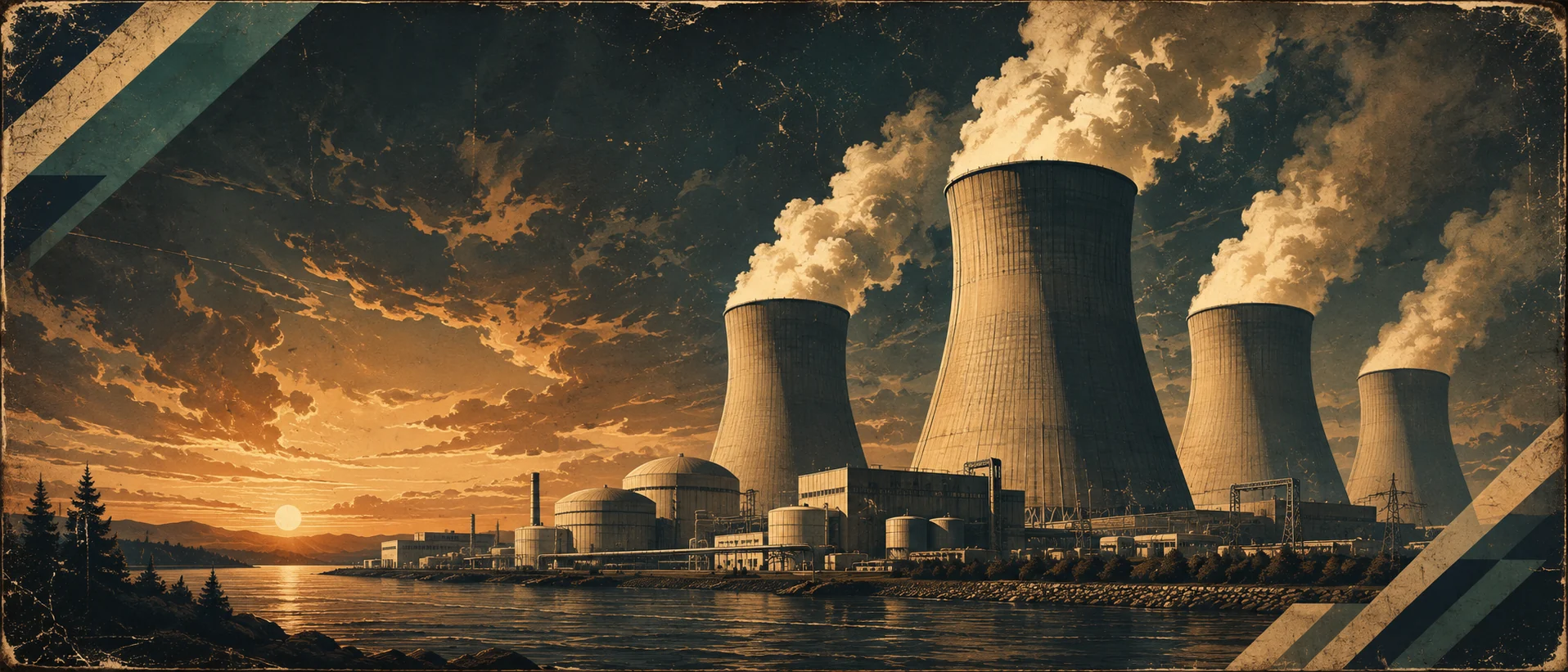 Nuclear power facility at sunset