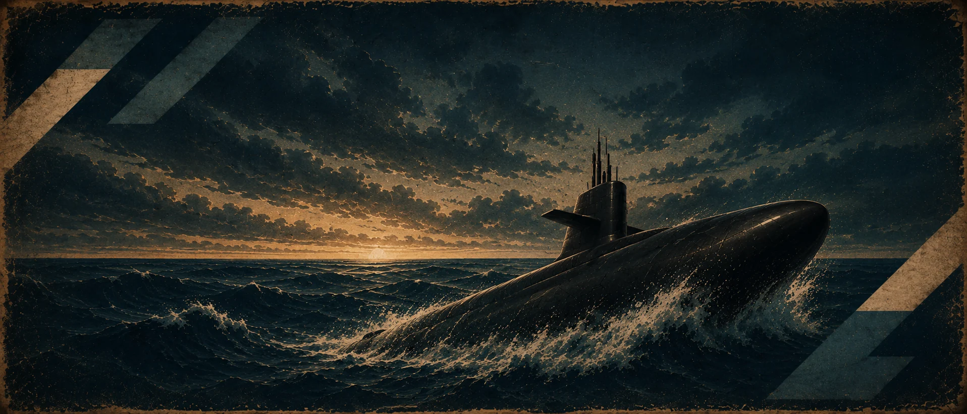 Submarine moving through the ocean at sunset
